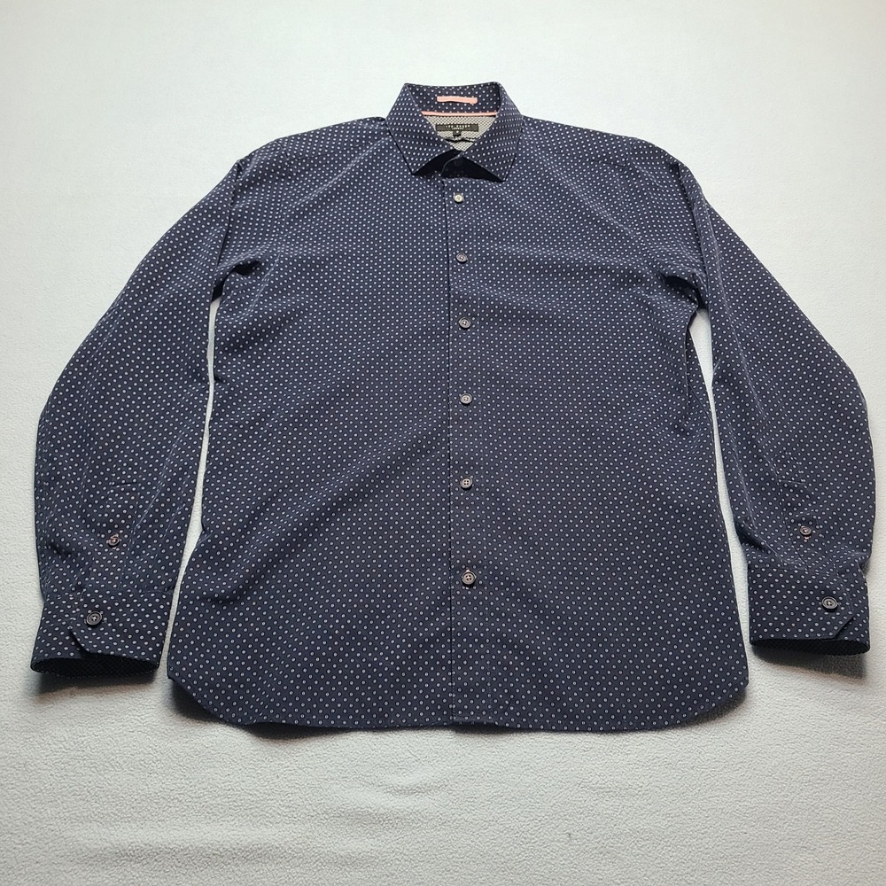 Ted Baker Button Down Shirt Mens 3‎ Blue Geometric Micro Dot Long Sleeve